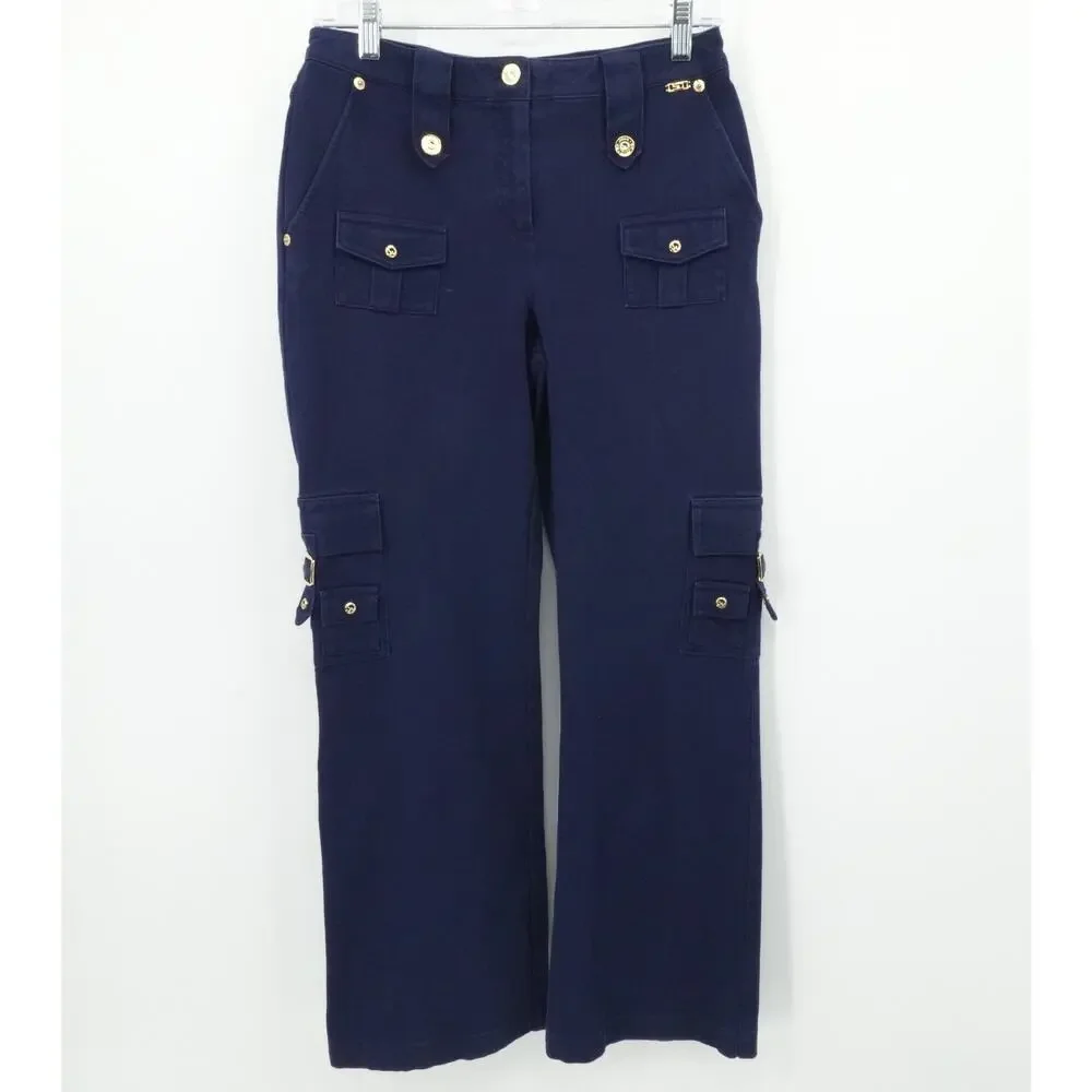 St John Sport Pants Womens 2 Navy Blue Cargo Utility Gold Button Pockets Stretch - Picture 1 of 13